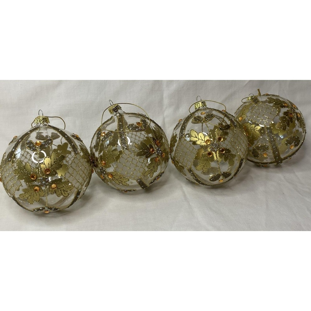 Set Of 4 Pottery Barn Glass Gold Clear Christmas Ornaments